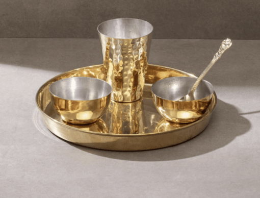 Brass Thaali Set - 5 pieces set (1 Thaali, 2 bowls, 1 glass and 1 spoon